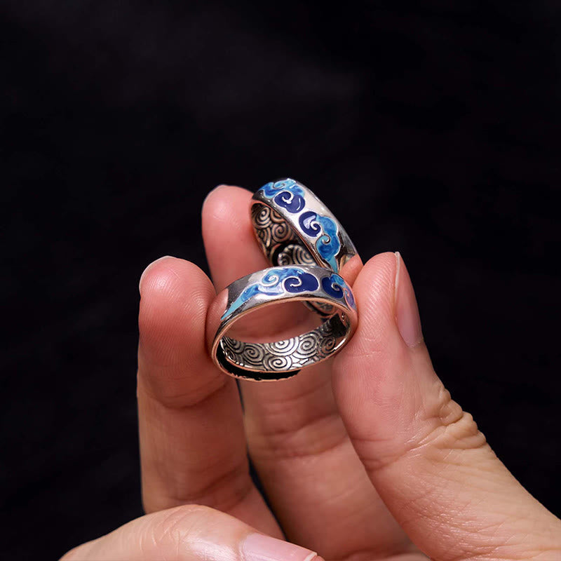 Blue Auspicious Clouds Pattern Wealth Copper Adjustable Ring