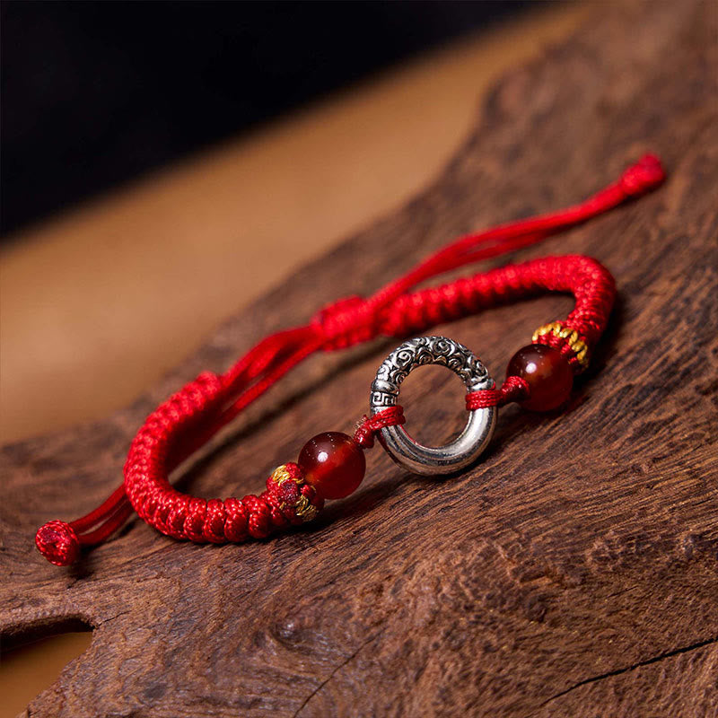 Braided Red String Ping An Kou Bracelet in Sterling Silver Plated Copper