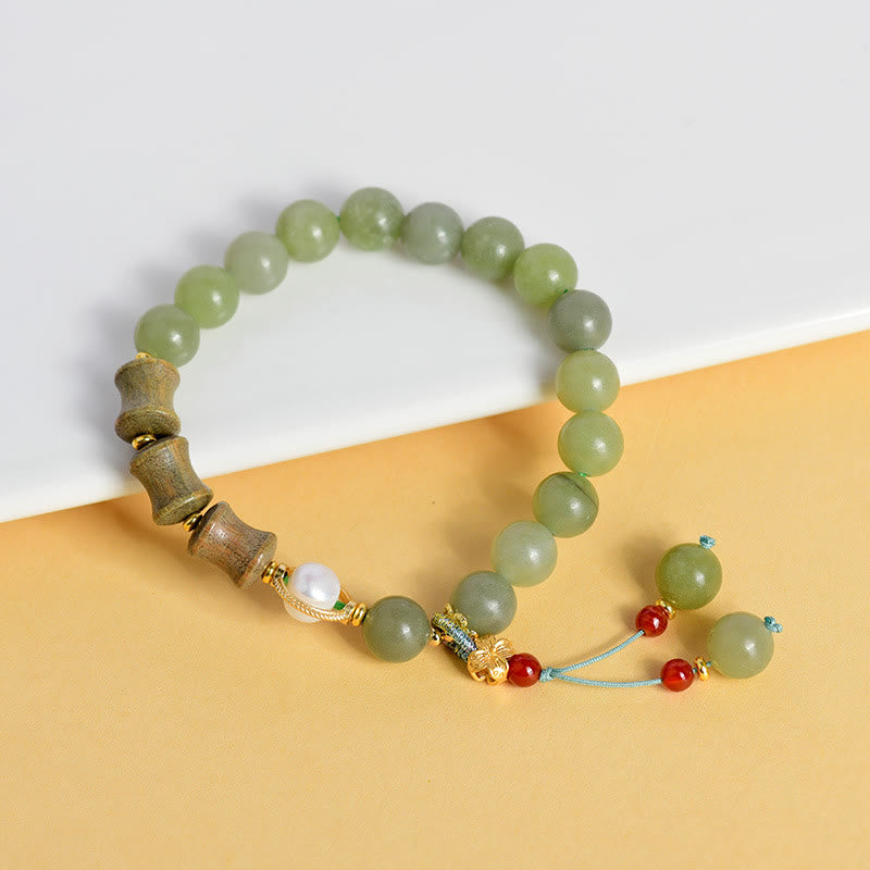 Natural Jade and Sandalwood Bamboo Pearl Beaded Bracelet