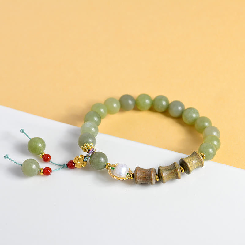 Natural Jade and Sandalwood Bamboo Pearl Beaded Bracelet