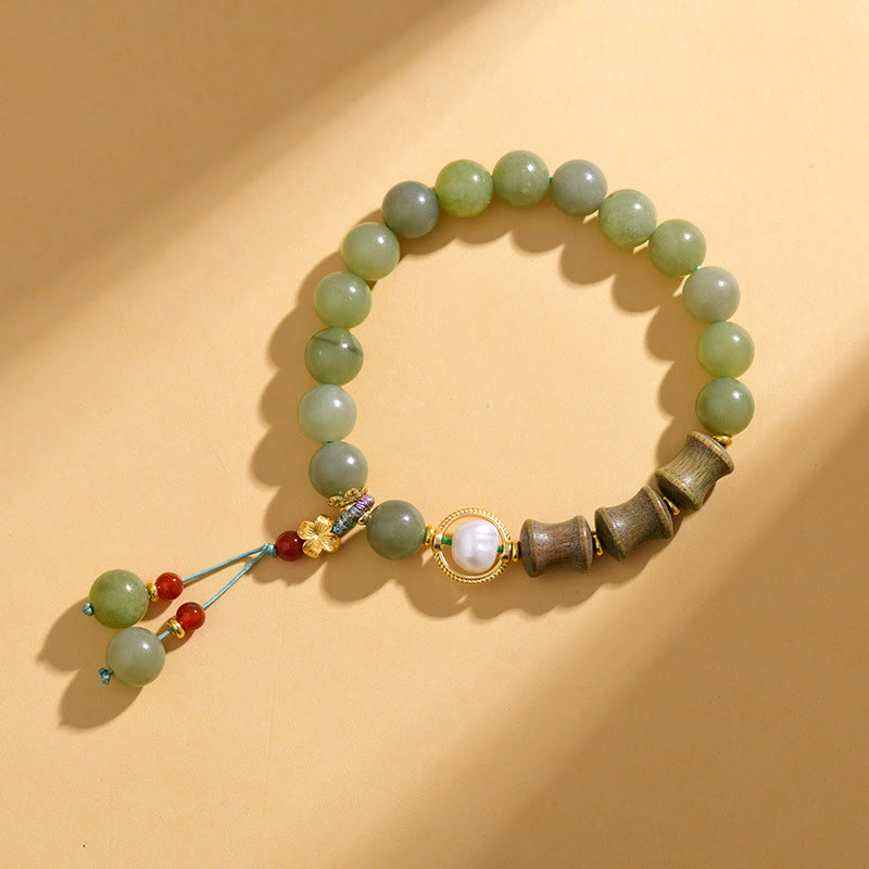 Natural Jade and Sandalwood Bamboo Pearl Beaded Bracelet