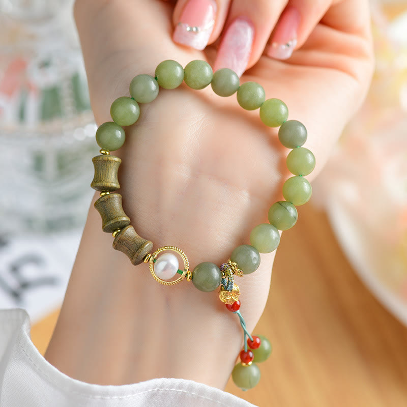 Natural Jade and Sandalwood Bamboo Pearl Beaded Bracelet