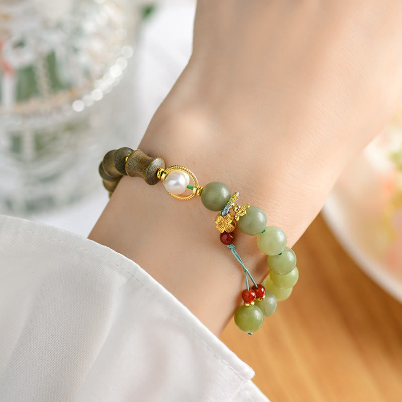 Natural Jade and Sandalwood Bamboo Pearl Beaded Bracelet