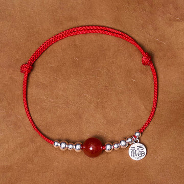 Handmade Ultra-Thin Braided Red String Bracelet with Red Agate & 925 Sterling Silver Fu Symbol