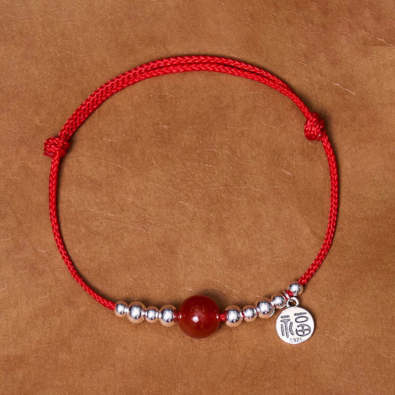 Handmade Ultra-Thin Braided Red String Bracelet with Red Agate & 925 Sterling Silver Fu Symbol