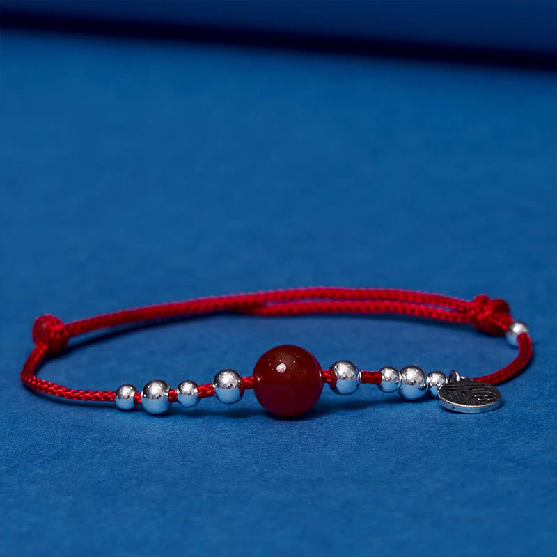 Handmade Ultra-Thin Braided Red String Bracelet with Red Agate & 925 Sterling Silver Fu Symbol