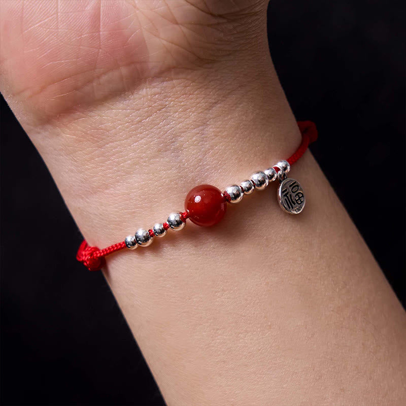 Handmade Ultra-Thin Braided Red String Bracelet with Red Agate & 925 Sterling Silver Fu Symbol