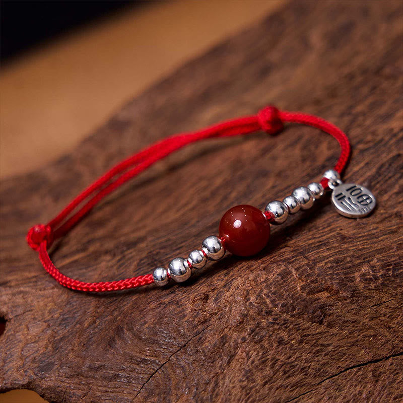 Handmade Ultra-Thin Braided Red String Bracelet with Red Agate & 925 Sterling Silver Fu Symbol