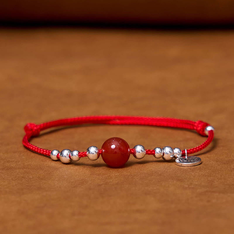 Handmade Ultra-Thin Braided Red String Bracelet with Red Agate & 925 Sterling Silver Fu Symbol