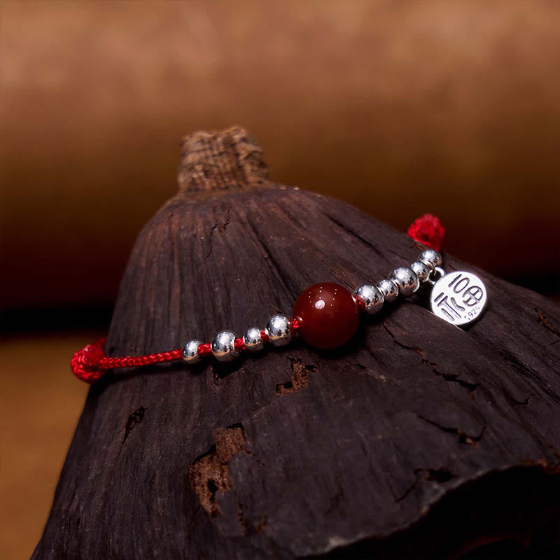 Handmade Ultra-Thin Braided Red String Bracelet with Red Agate & 925 Sterling Silver Fu Symbol