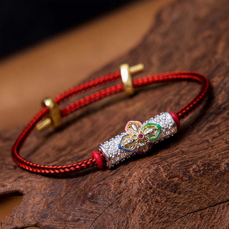 Handcrafted Copper Buddha Flower Adjustable Red String Bracelet