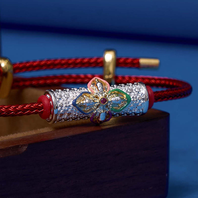 Handcrafted Copper Buddha Flower Adjustable Red String Bracelet