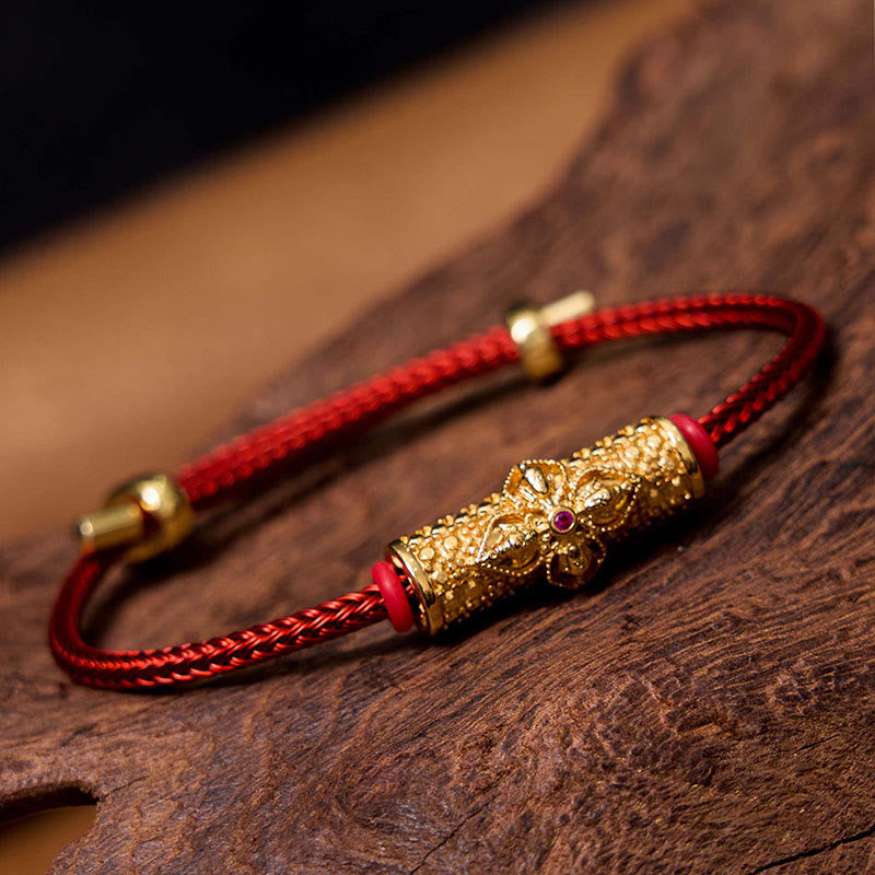 Handcrafted Copper Buddha Flower Adjustable Red String Bracelet