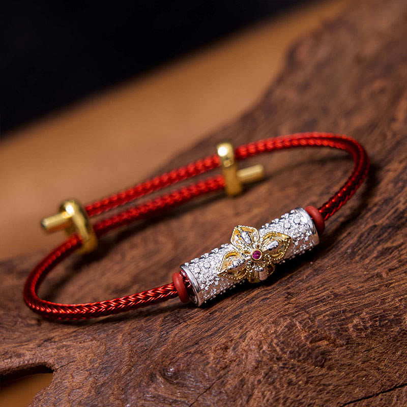 Handcrafted Copper Buddha Flower Adjustable Red String Bracelet