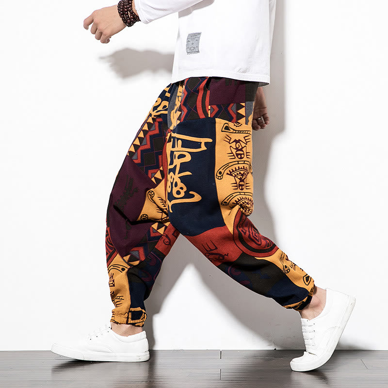 Red Brown Graffiti Bird Print Men's Harem Pants With Pockets
