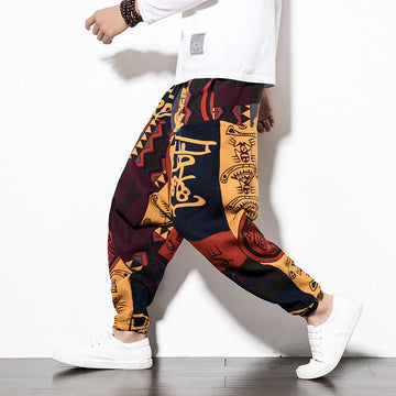 Red Brown Graffiti Bird Print Men's Harem Pants With Pockets