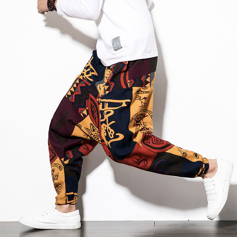 Red Brown Graffiti Bird Print Men's Harem Pants With Pockets