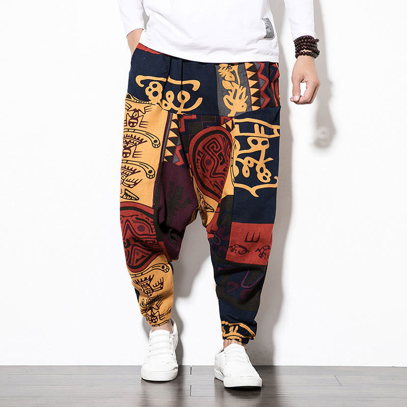 Red Brown Graffiti Bird Print Men's Harem Pants With Pockets
