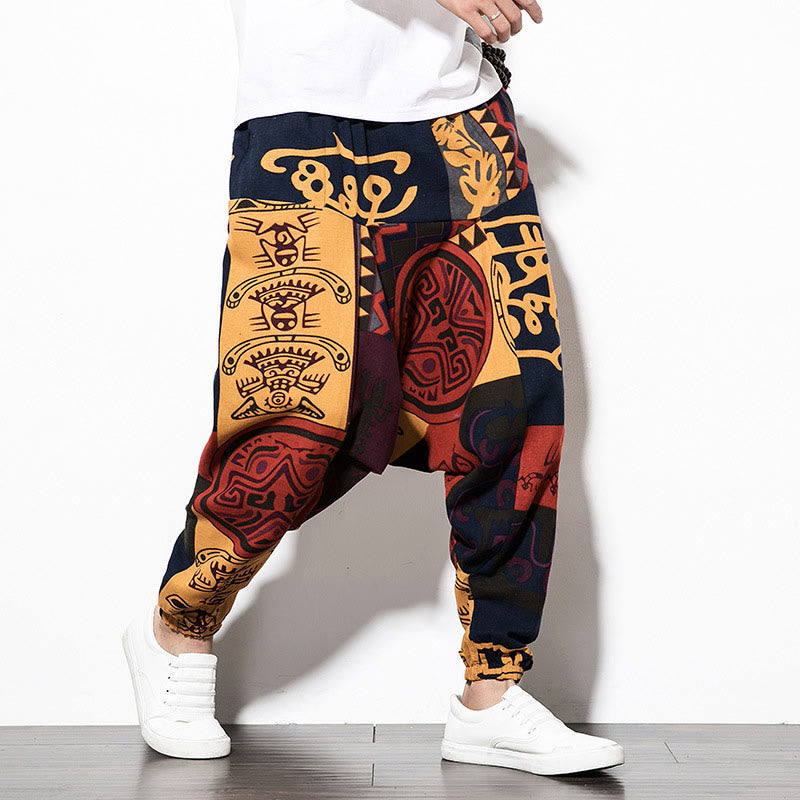 Red Brown Graffiti Bird Print Men's Harem Pants With Pockets