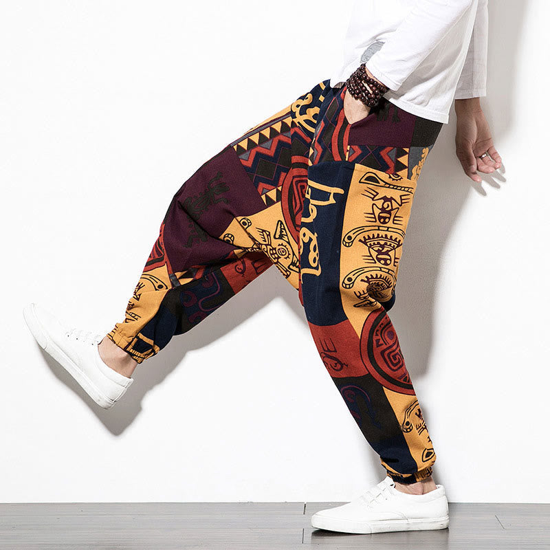 Red Brown Graffiti Bird Print Men's Harem Pants With Pockets
