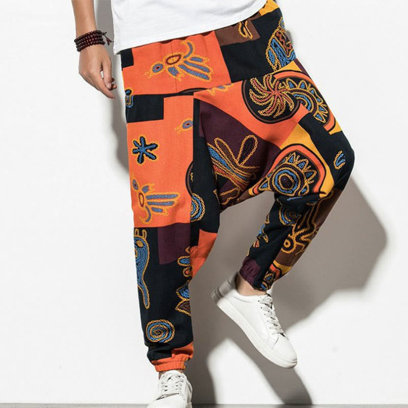 Red Brown Graffiti Bird Print Men's Harem Pants With Pockets