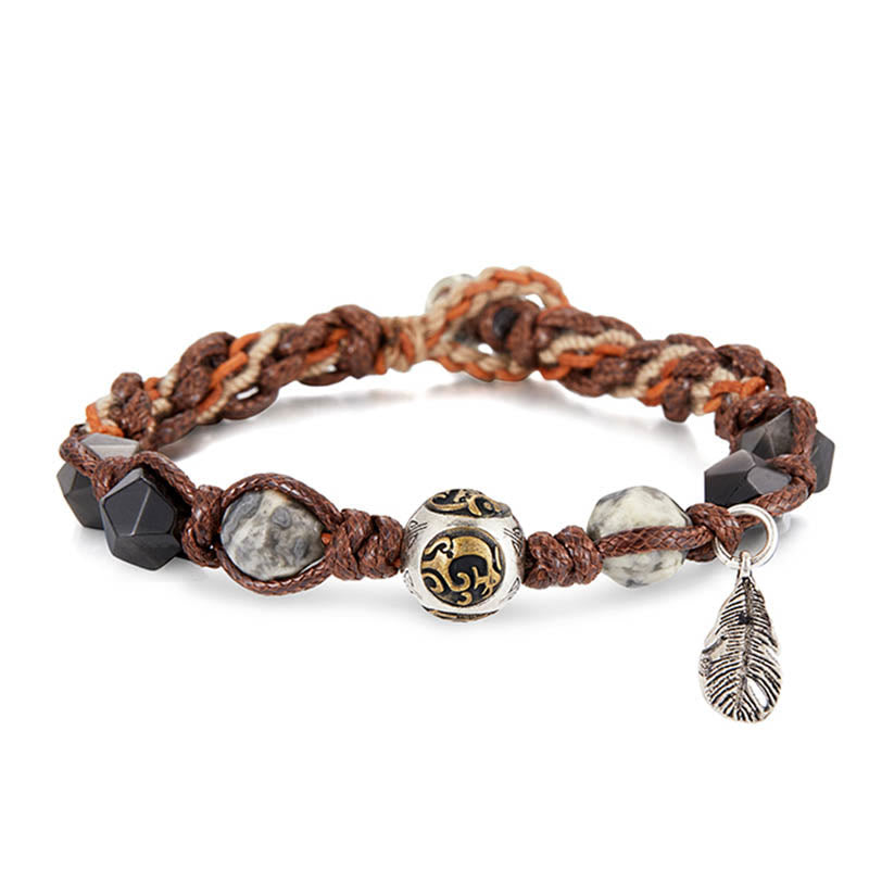 Handmade Braided Silver Sheen Obsidian and Picasso Jasper Sterling Silver Feather Bracelet