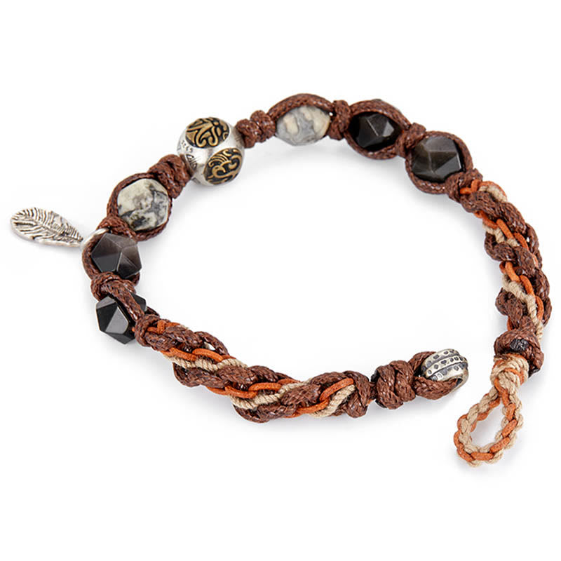 Handmade Braided Silver Sheen Obsidian and Picasso Jasper Sterling Silver Feather Bracelet
