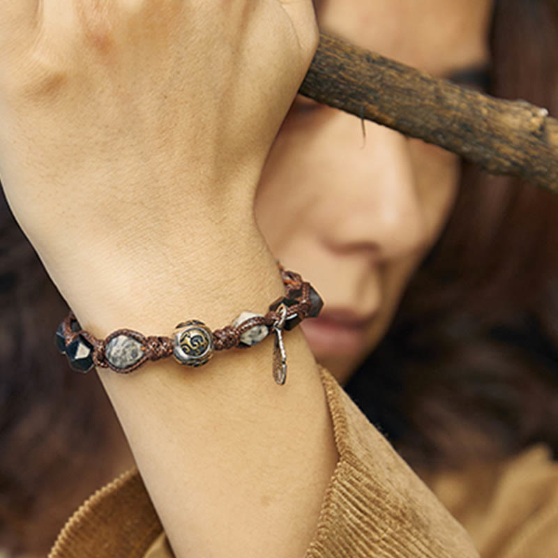 Handmade Braided Silver Sheen Obsidian and Picasso Jasper Sterling Silver Feather Bracelet