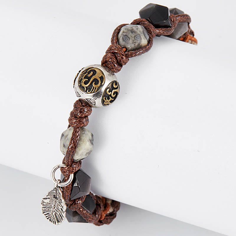Handmade Braided Silver Sheen Obsidian and Picasso Jasper Sterling Silver Feather Bracelet