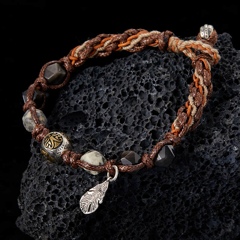 Handmade Braided Silver Sheen Obsidian and Picasso Jasper Sterling Silver Feather Bracelet