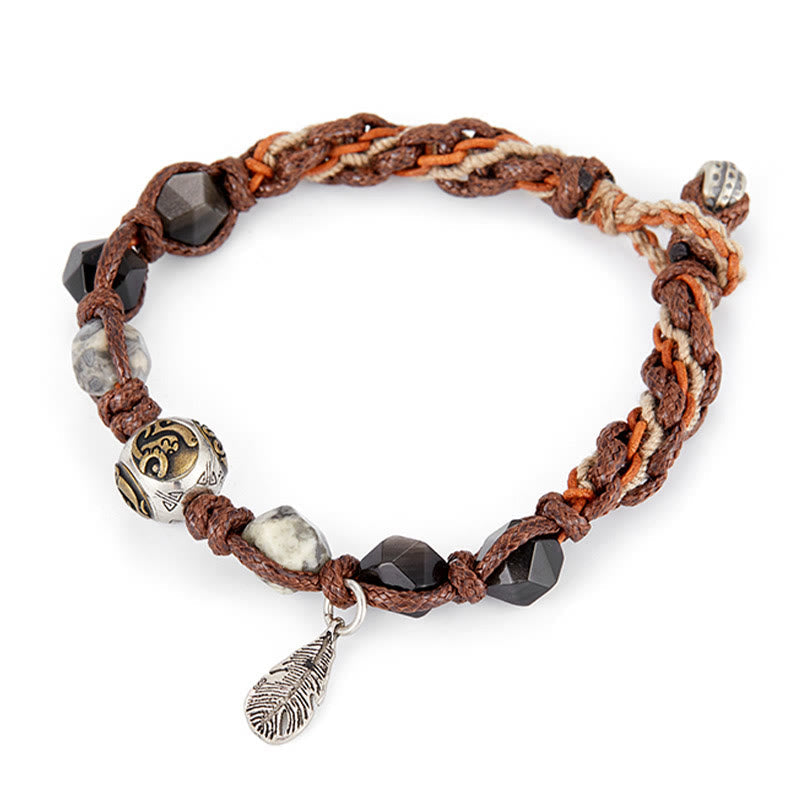 Handmade Braided Silver Sheen Obsidian and Picasso Jasper Sterling Silver Feather Bracelet