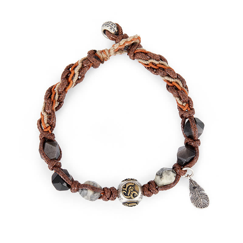 Handmade Braided Silver Sheen Obsidian and Picasso Jasper Sterling Silver Feather Bracelet