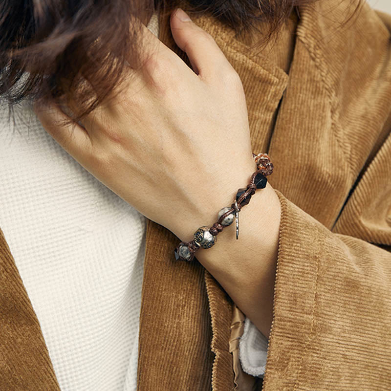 Handmade Braided Silver Sheen Obsidian and Picasso Jasper Sterling Silver Feather Bracelet