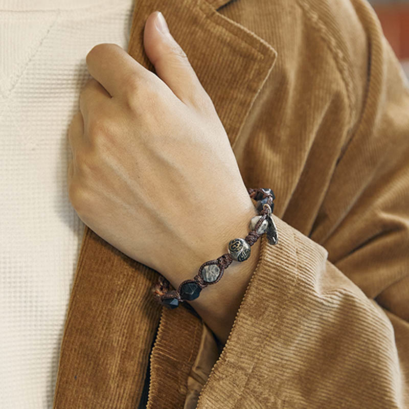 Handmade Braided Silver Sheen Obsidian and Picasso Jasper Sterling Silver Feather Bracelet