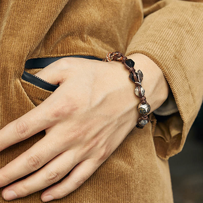 Handmade Braided Silver Sheen Obsidian and Picasso Jasper Sterling Silver Feather Bracelet