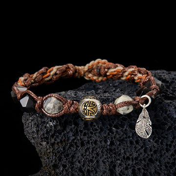 Handmade Braided Silver Sheen Obsidian and Picasso Jasper Sterling Silver Feather Bracelet