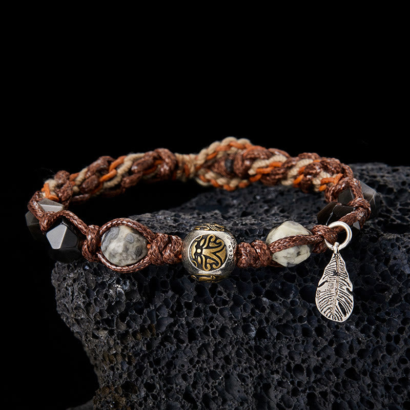 Handmade Braided Silver Sheen Obsidian and Picasso Jasper Sterling Silver Feather Bracelet