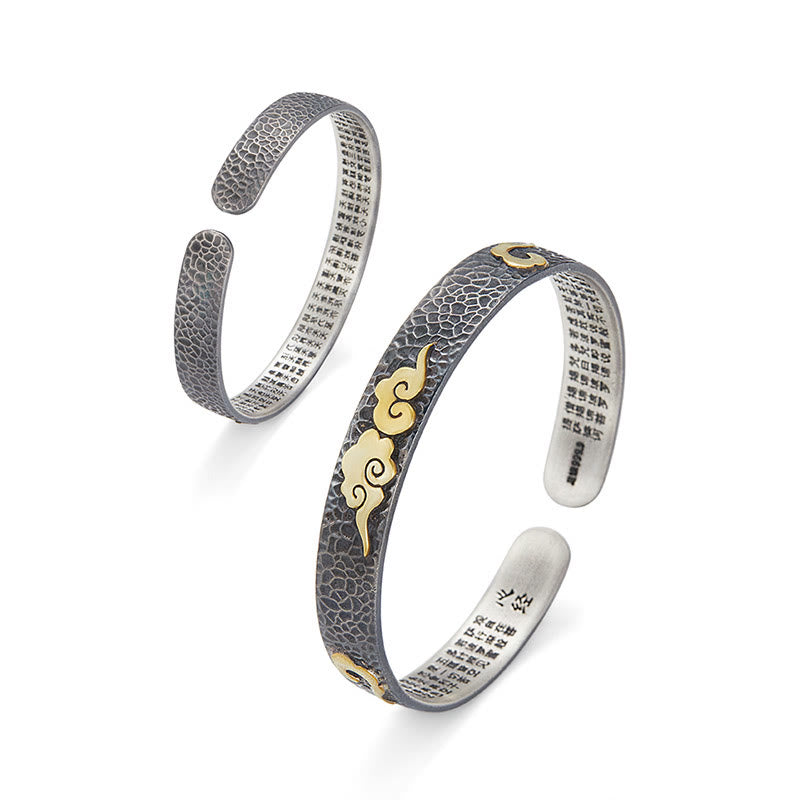Retro 999 Sterling Silver Heart Sutra Auspicious Cloud Wealth Cuff Bracelet Bangle