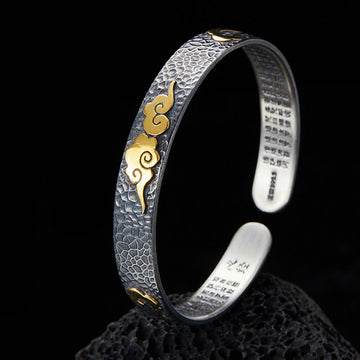 Retro 999 Sterling Silver Heart Sutra Auspicious Cloud Wealth Cuff Bracelet Bangle