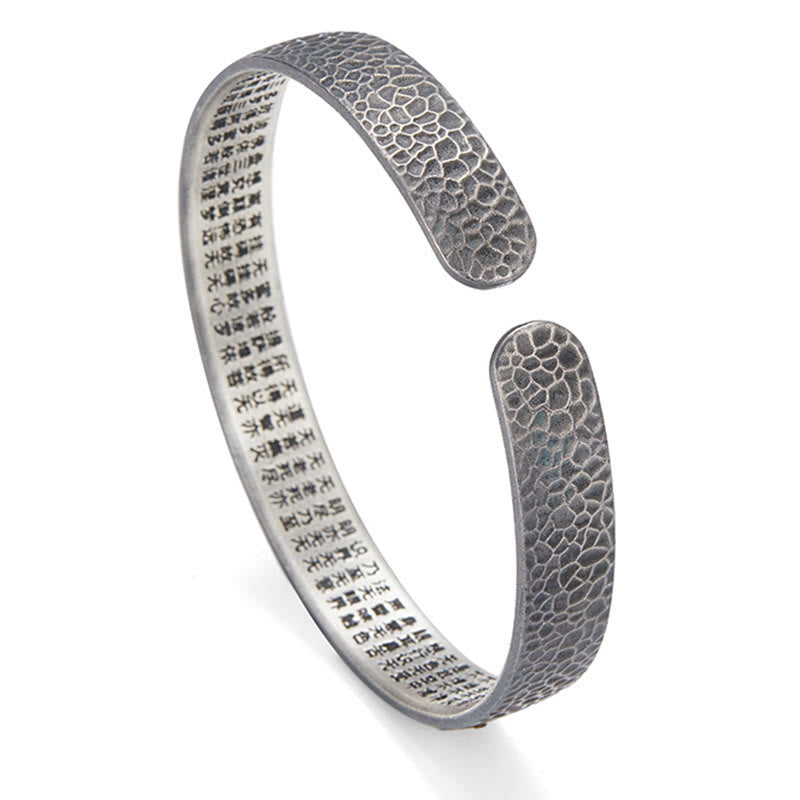 Retro 999 Sterling Silver Heart Sutra Auspicious Cloud Wealth Cuff Bracelet Bangle