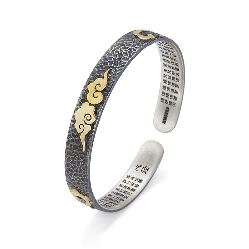 Retro 999 Sterling Silver Heart Sutra Auspicious Cloud Wealth Cuff Bracelet Bangle