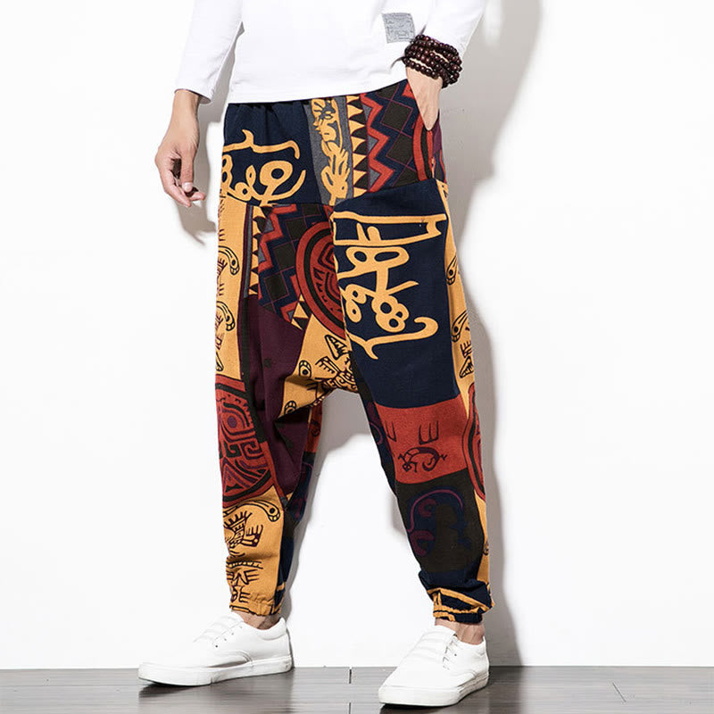 Red Brown Graffiti Bird Print Men's Harem Pants With Pockets