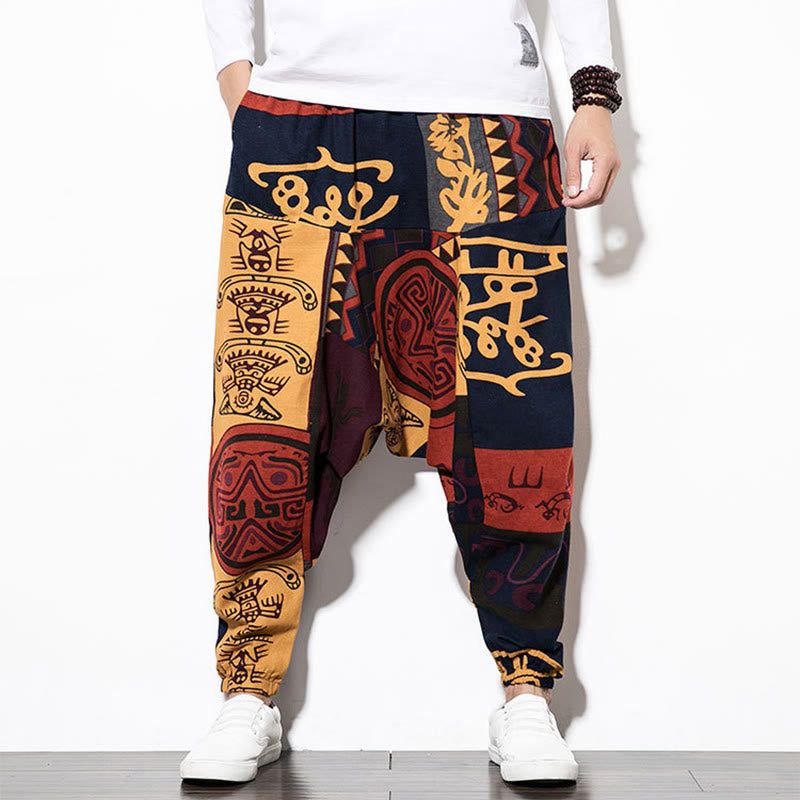 Red Brown Graffiti Bird Print Men's Harem Pants With Pockets