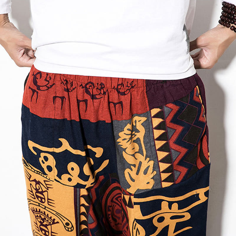 Red Brown Graffiti Bird Print Men's Harem Pants With Pockets
