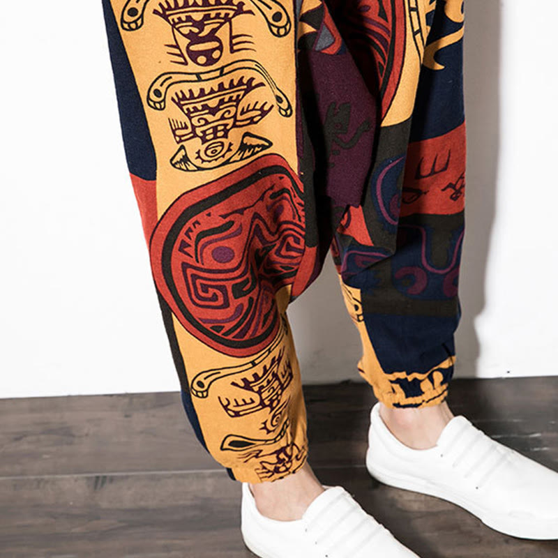 Red Brown Graffiti Bird Print Men's Harem Pants With Pockets