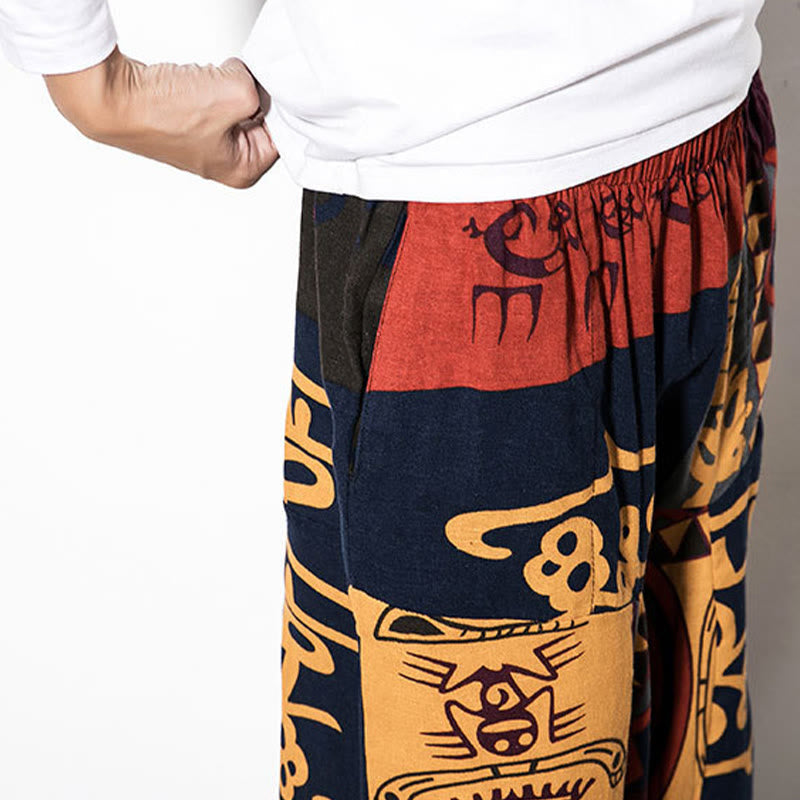 Red Brown Graffiti Bird Print Men's Harem Pants With Pockets