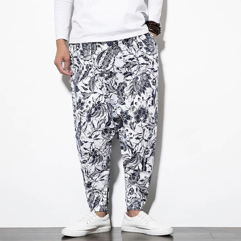 Leaves Vine Print Cotton Men's Long Cropped Harem Pants With Pockets