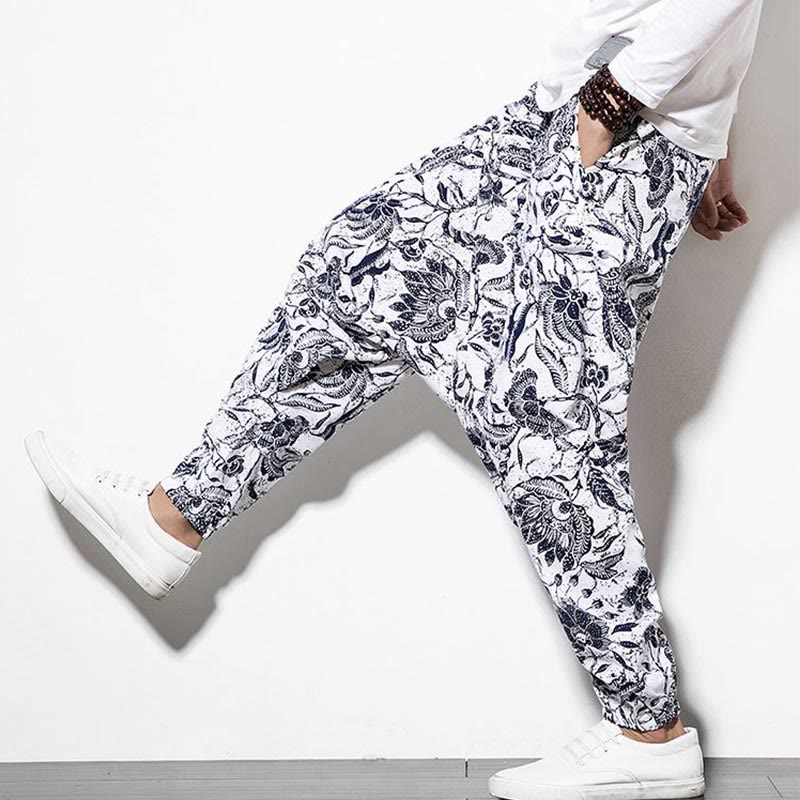 Leaves Vine Print Cotton Men's Long Cropped Harem Pants With Pockets