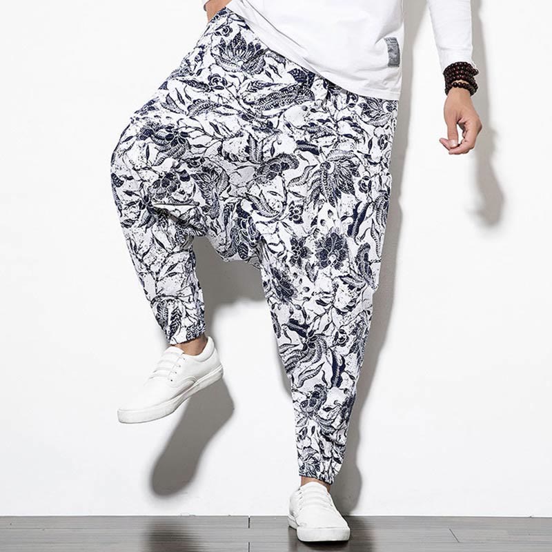 Leaves Vine Print Cotton Men's Long Cropped Harem Pants With Pockets