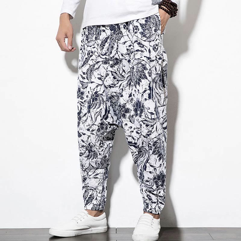 Leaves Vine Print Cotton Men's Long Cropped Harem Pants With Pockets